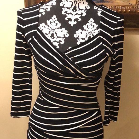 WHBM Striped V-Neck pretty collar crossover style stretchy spandex blend dress - Picture 2 of 15